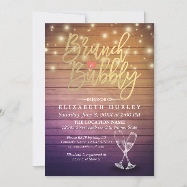 Brunch & Bubbly Bridal Shower Champagne Glass Wood Invitation (Front)