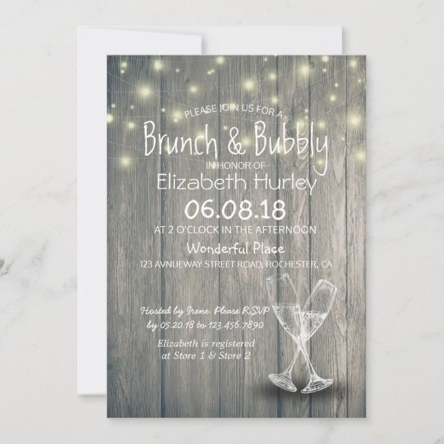 Brunch & Bubbly Bridal Shower Champagne Glass Wood Invitation (Front)