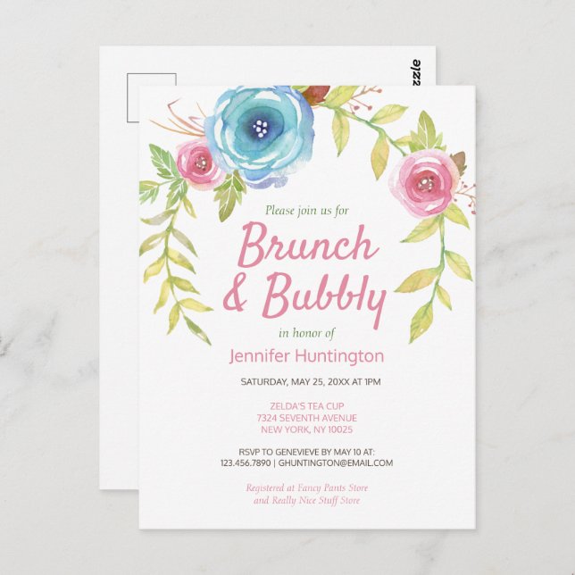 Brunch & Bubbly Bridal Shower Floral Invitation Postcard (Front/Back)
