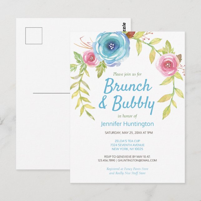 Brunch & Bubbly Bridal Shower Floral Invitation Postcard (Front/Back)