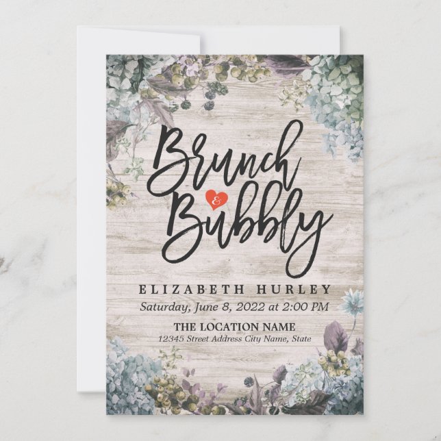 Brunch & Bubbly Bridal Shower Floral & Rustic Wood Invitation (Front)