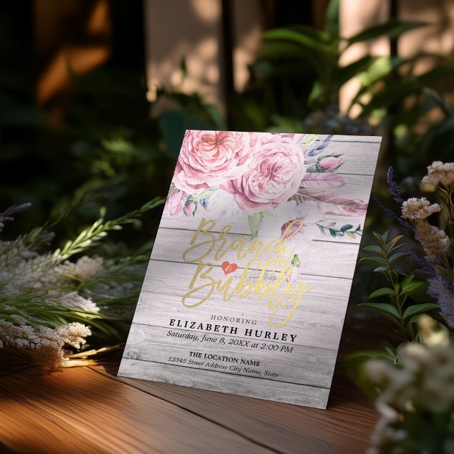 Brunch & Bubbly Bridal Shower Floral Rustic Wood Invitation (Creator Uploaded)