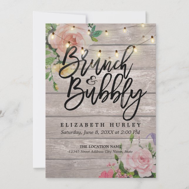 Brunch Bubbly Bridal Shower Floral String Lights Invitation (Front)