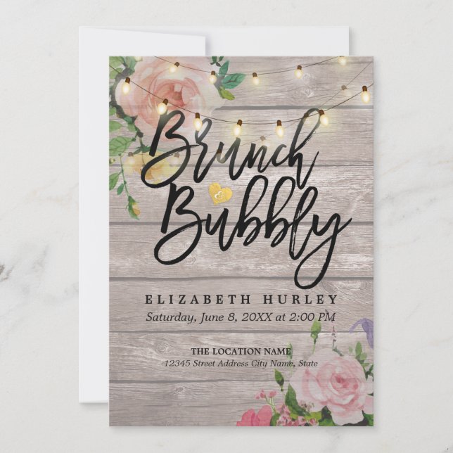Brunch Bubbly Bridal Shower Floral String Lights Invitation (Front)
