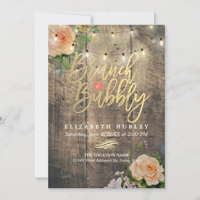 Brunch Bubbly Bridal Shower Floral String Lights Invitation (Front)