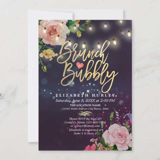 Brunch & Bubbly Bridal Shower Floral String Lights Invitation (Front)