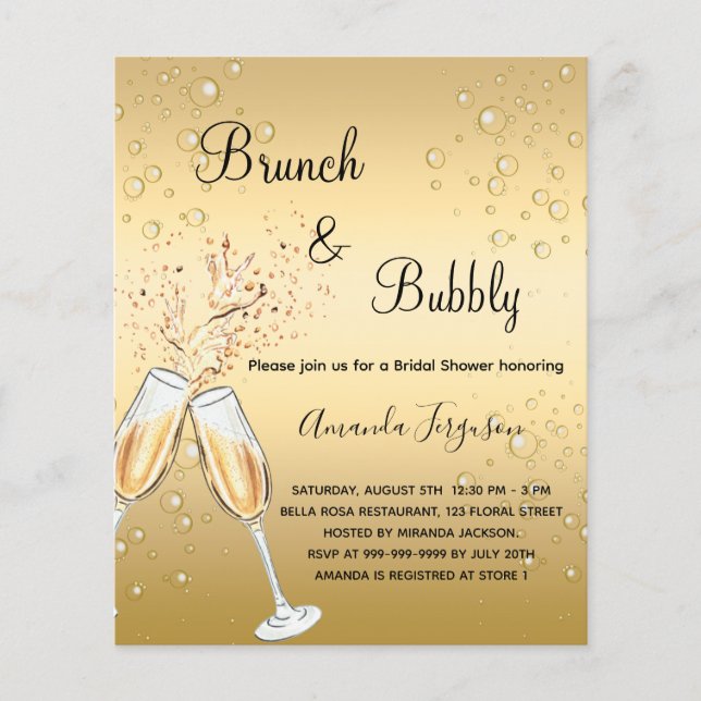 Brunch Bubbly Bridal Shower gold budget invitation Flyer (Front)