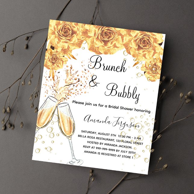 Brunch Bubbly Bridal Shower gold invitation (Creator Uploaded)