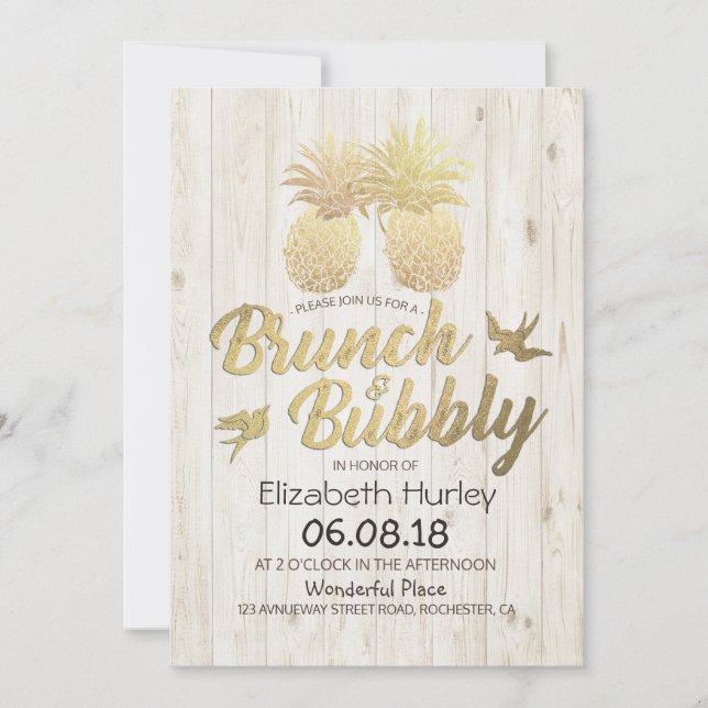 Brunch & Bubbly Bridal Shower Gold Pineapples Wood Invitation (Front)