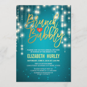 Brunch Bubbly Bridal Shower Gold Script Turquoise Invitation