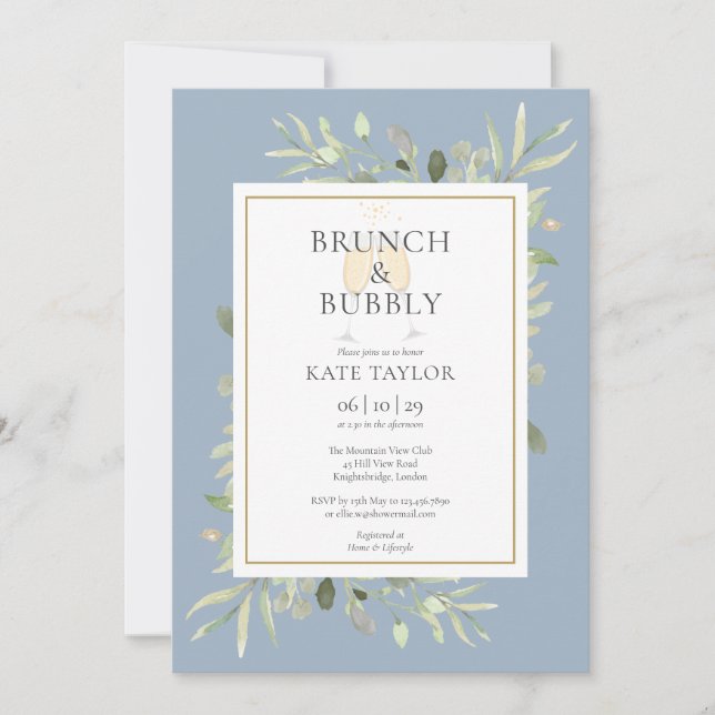 Brunch Bubbly Bridal Shower Greenery Dusty Blue Invitation (Front)
