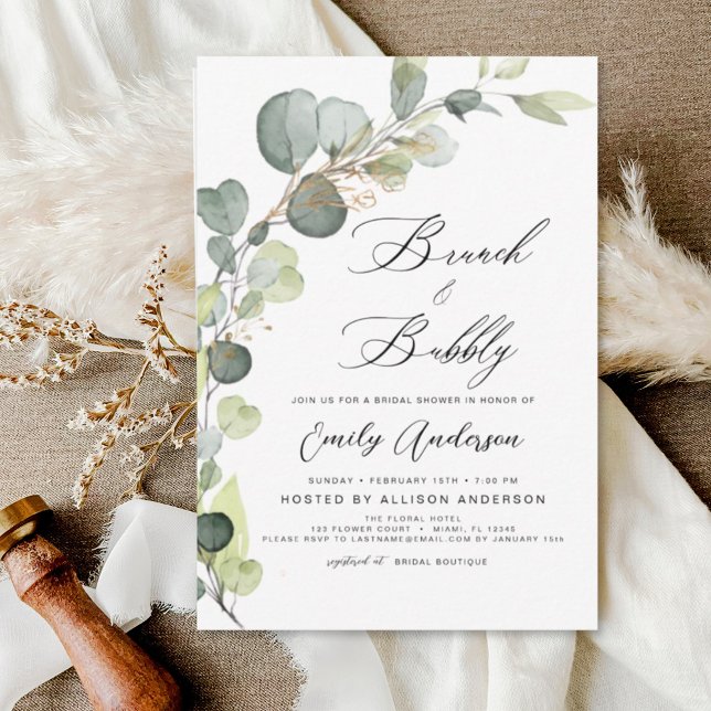 Brunch & Bubbly Bridal Shower Greenery Eucalyptus Invitation (Creator Uploaded)