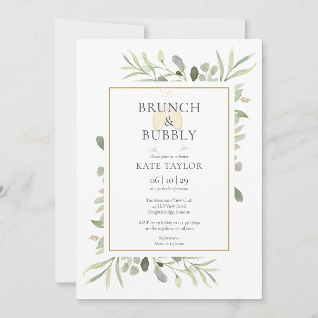 Brunch Bubbly Bridal Shower Greenery  Invitation (Front)