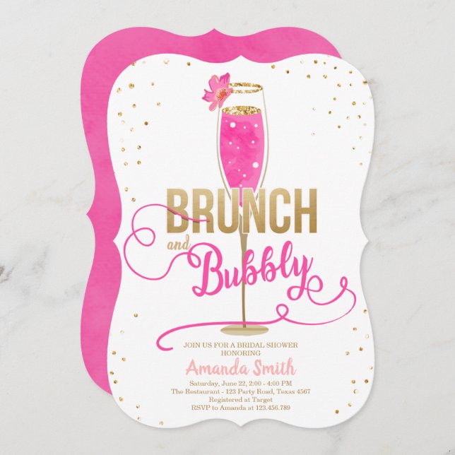 Brunch & Bubbly Bridal Shower Hot Pink Champagne Invitation (Front/Back)