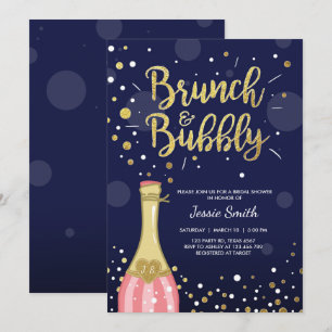 Brunch & Bubbly Bridal shower invitation Navy Gold