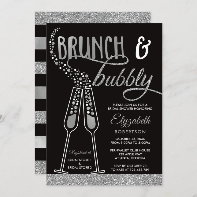Brunch & Bubbly Bridal Shower Invite, Faux Silver Invitation (Front/Back)