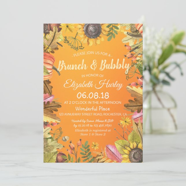 Brunch & Bubbly Bridal Shower Maple Leaves Pumpkin Invitation (Standing Front)