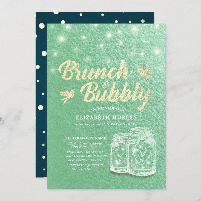 Brunch & Bubbly Bridal Shower Mason Jar Green Gold Invitation (Front/Back)