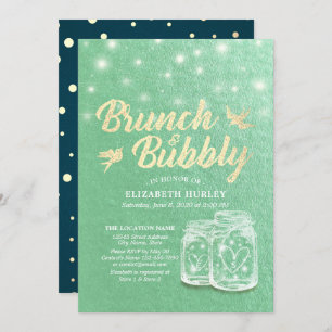 Brunch & Bubbly Bridal Shower Mason Jar Green Gold Invitation
