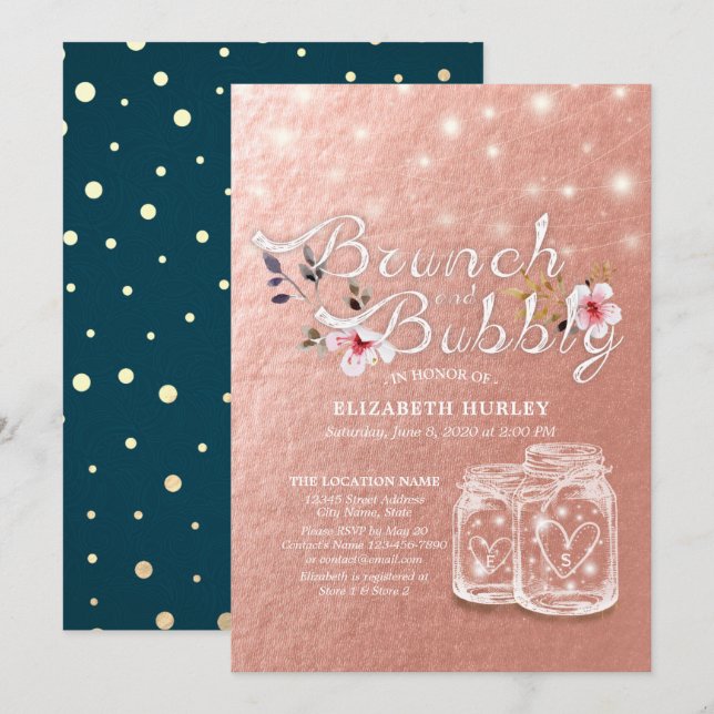 Brunch & Bubbly Bridal Shower Mason Jars Rose Gold Invitation (Front/Back)