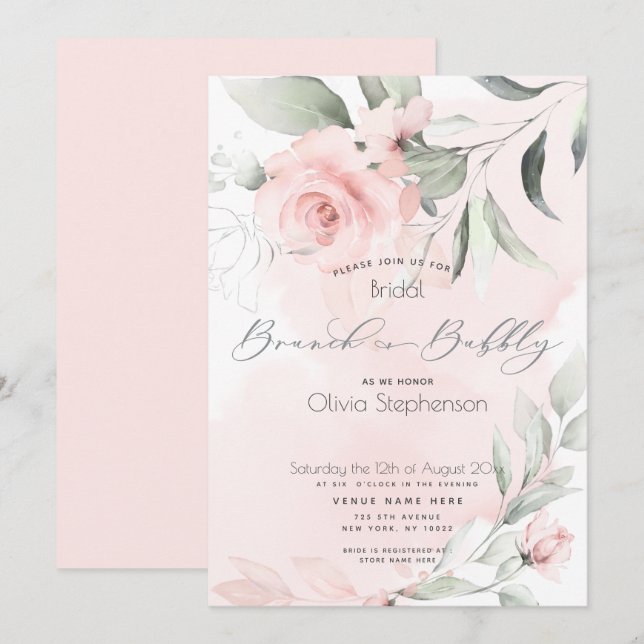 Brunch Bubbly Bridal Shower Pale Pink Floral Invitation (Front/Back)