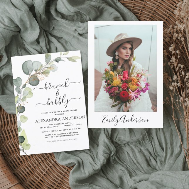 Brunch & Bubbly Bridal Shower Photo Eucalyptus Invitation (Creator Uploaded)