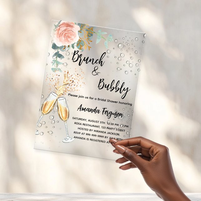Brunch Bubbly Bridal Shower rose gold floral Acrylic Invitations (Creator Uploaded)
