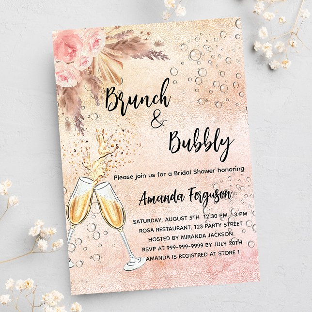 Brunch Bubbly Bridal Shower rose pampas luxury Invitation (Creator Uploaded)