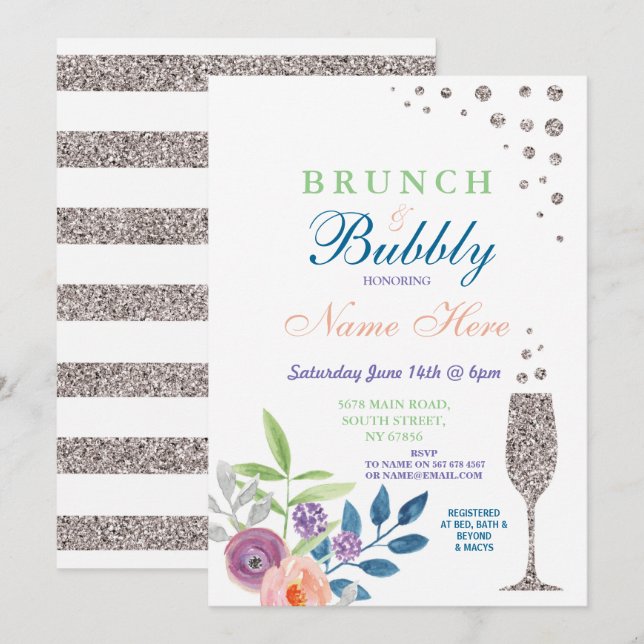 Brunch & Bubbly Bridal Shower Silver Floral Invite (Front/Back)