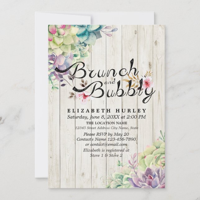 Brunch Bubbly Bridal Shower Succulent Rustic Wood Invitation (Front)