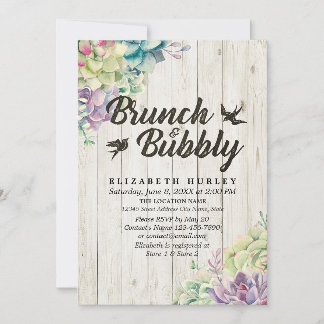 Brunch Bubbly Bridal Shower Succulent Rustic Wood Invitation (Front)