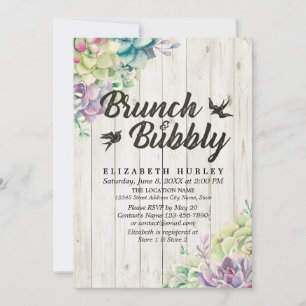 Brunch Bubbly Bridal Shower Succulent Rustic Wood Invitation