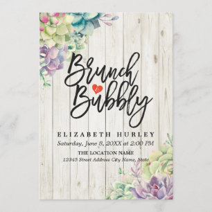 Brunch Bubbly Bridal Shower Succulent Rustic Wood Invitation