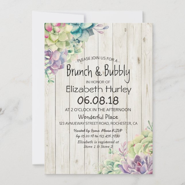 Brunch Bubbly Bridal Shower Succulent Rustic Wood Invitation (Front)