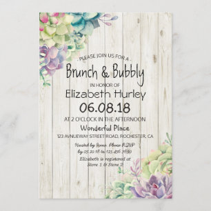 Brunch Bubbly Bridal Shower Succulent Rustic Wood Invitation