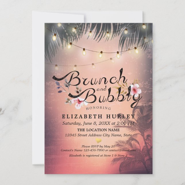 Brunch & Bubbly Bridal Shower Summer Beach Palm Invitation (Front)