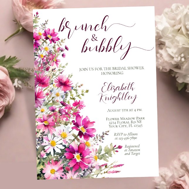 Brunch & Bubbly Bright Pink Floral Bridal Shower Invitation (Creator Uploaded)