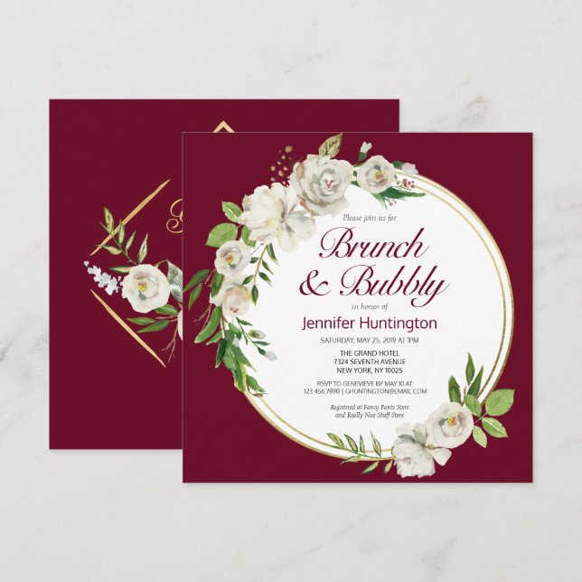 Brunch & Bubbly Burgundy Bridal Shower Boho Invitation (Front/Back)