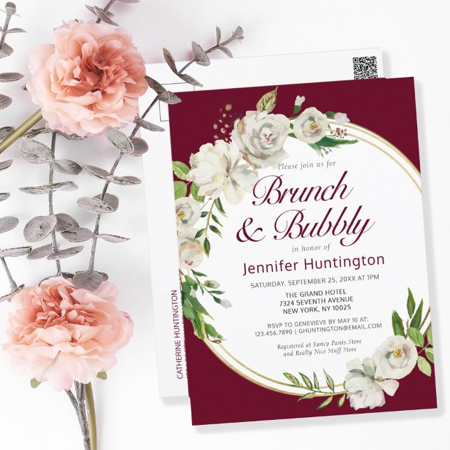Brunch & Bubbly Burgundy Floral Bridal Shower  Postcard (Creator Uploaded)