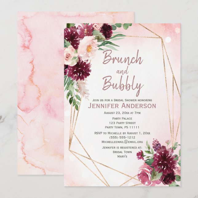 Brunch & Bubbly Burgundy Rose Bridal Shower Invitation (Front/Back)