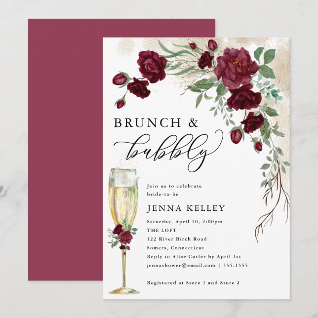 Brunch & Bubbly Burgundy Rose Vine, Bridal Shower Invitation (Front/Back)