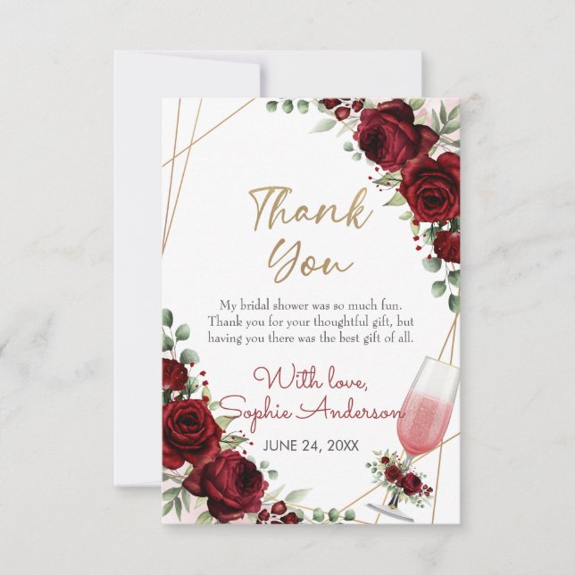 Brunch Bubbly Burgundy Wine Rose Bridal Shower Thank You Card (Front)