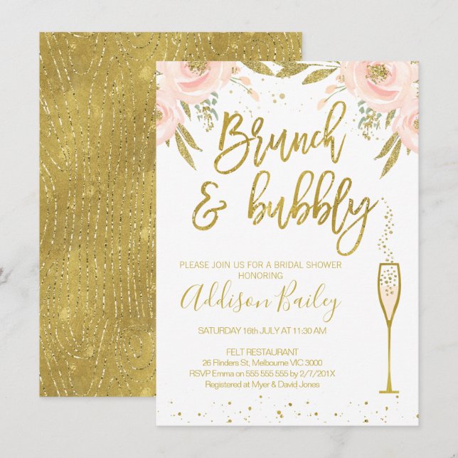 Brunch Bubbly  Champagne Bridal Shower Invitation (Front/Back)