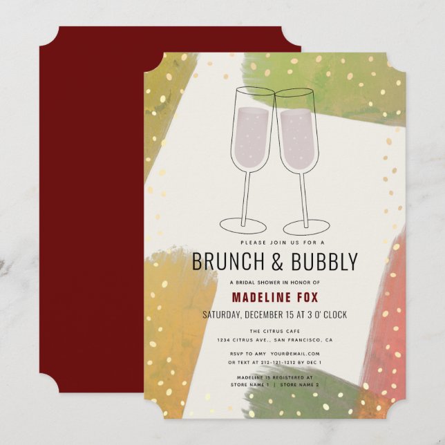 Brunch & Bubbly Champagne Burgundy Bridal Shower Invitation (Front/Back)