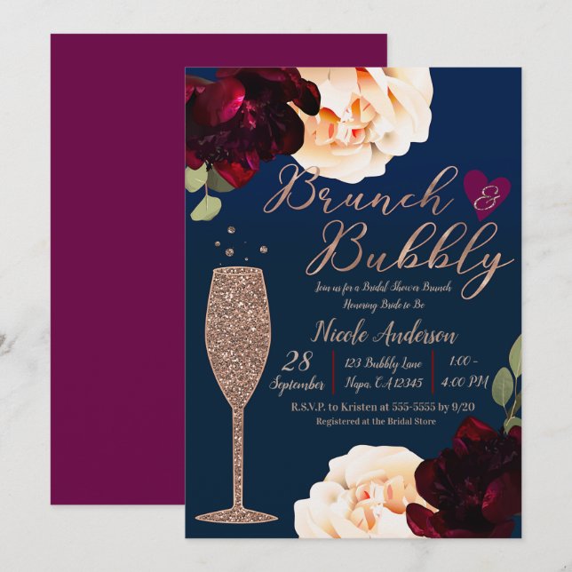 Brunch & Bubbly Champagne Dark Blue Bridal Shower Invitation (Front/Back)
