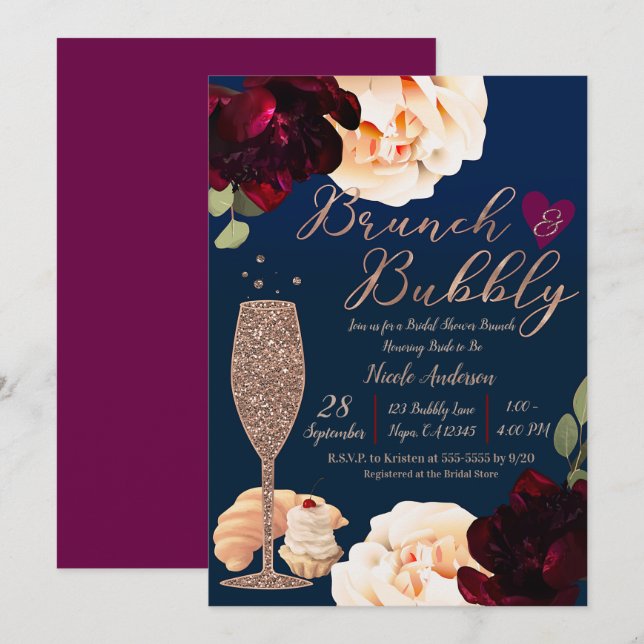 Brunch & Bubbly Champagne Dark Blue Bridal Shower Invitation (Front/Back)