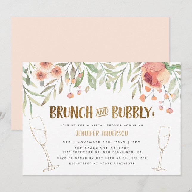 Brunch & Bubbly Champagne & Gold Bridal Shower Invitation (Front/Back)