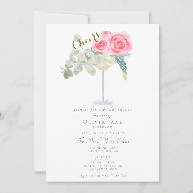 Brunch Bubbly Cheers Cocktail Roses Bridal Shower Invitation (Front)