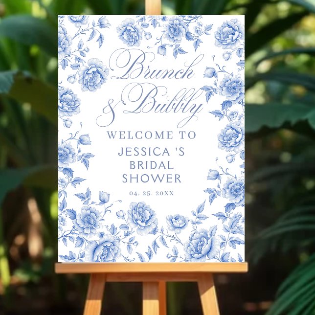 Brunch Bubbly Chic Blue Bridal Shower Welcome Poster (Creator Uploaded)