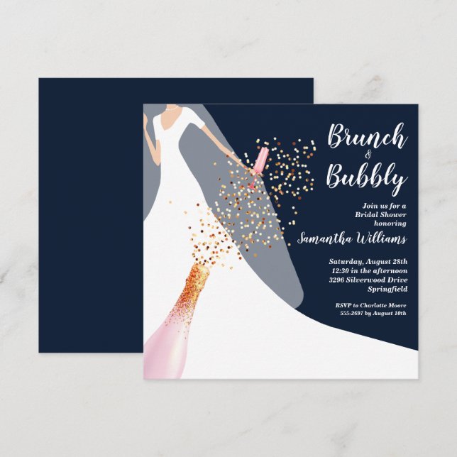 Brunch Bubbly Dress Navy Bridal Shower Invitations (Front/Back)